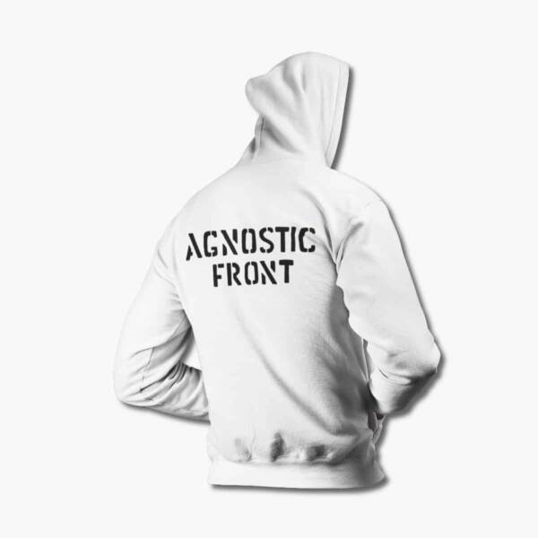 Agnostic Front Zip Up Hoodie, Agnostic Front Logo White Zipper Hooded Sweatshirt, Thrash Metal, Hardcore Punk Merchandise