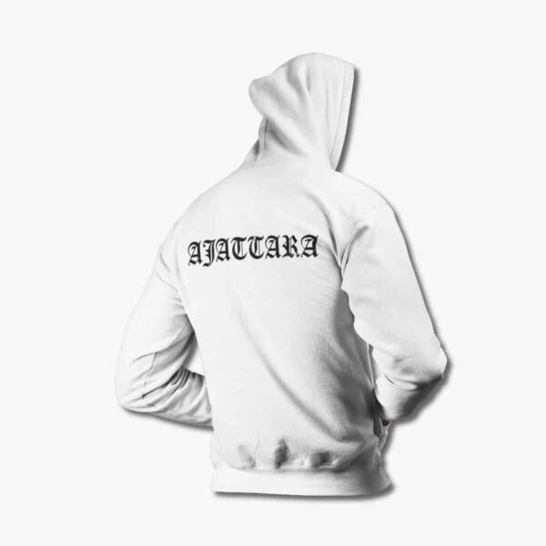 Ajattara Zip Up Hoodie, Ajattara Logo White Zipper Hooded Sweatshirt, Black Metal Merchandise