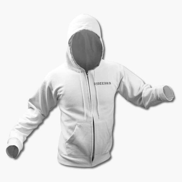 Ajattara Zip Up Hoodie, Ajattara Logo White Zipper Hooded Sweatshirt, Black Metal Merchandise - Image 2