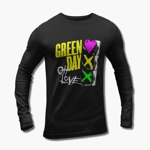 Green Day Band Long Sleeve T-Shirt, Green Day Oh Love Artwork Black Longsleeve Tee Shirt, Alternative Rock Merchandise