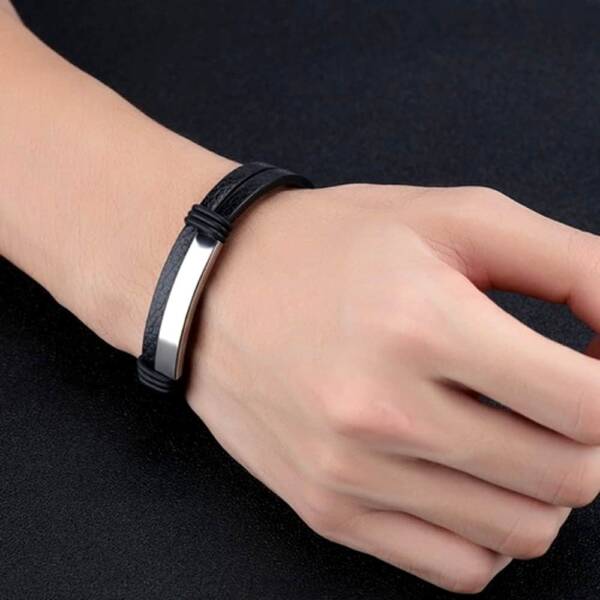 Genuine Leather Bracelet with Gray Steel Component