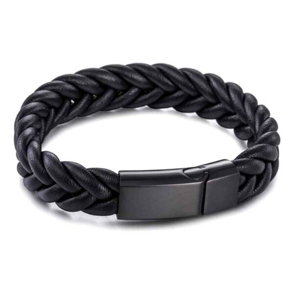 Black Genuine Leather Bracelet with Steel Component