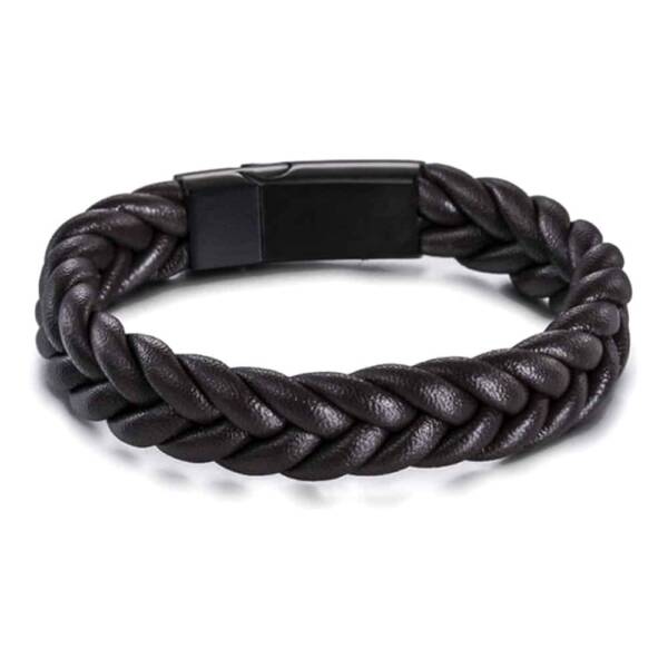 Black Genuine Leather Bracelet with Steel Component