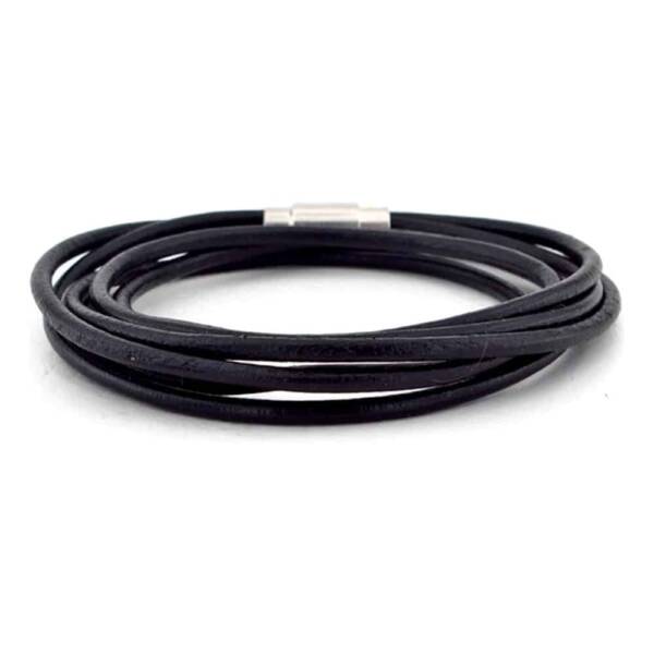Double Row Wrap Black Color Leather Bracelet