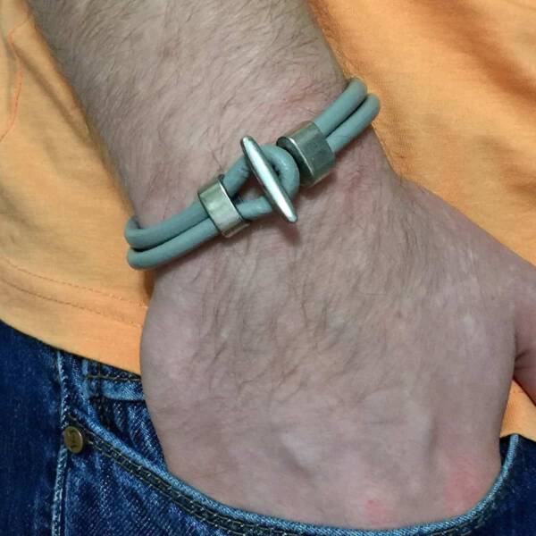 Gray Genuine Leather Bracelet with Metal Hook