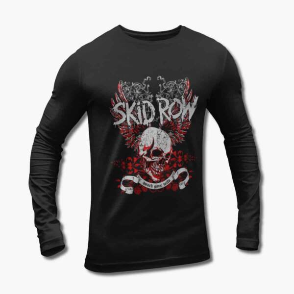 Skid Row Band Long Sleeve T-Shirt, SkidRow Skull Artwork Black Longsleeve Tee Shirt